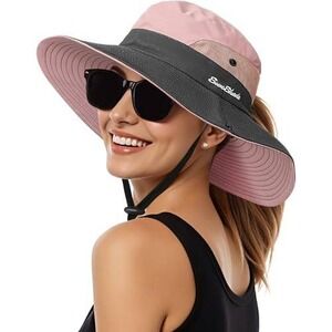 Sun Shade Women Wide Brim Sun Hat Pink Grey UV Protection Ponytail Beach Hiking